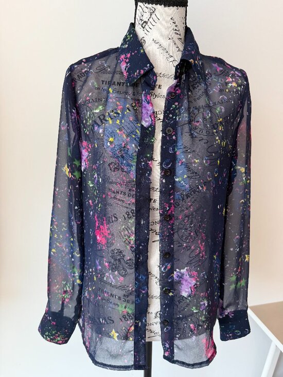 Dex Tops - Dex Sheer Abstract Print Chiffon Blouse in purple